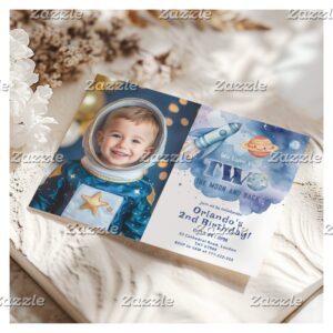 Two the Moon and back Space Photo 2nd Birthday Invitation