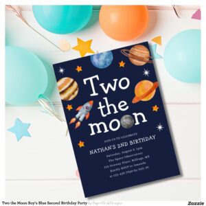 Two the Moon Boy's Blue Second Birthday Party Invitation