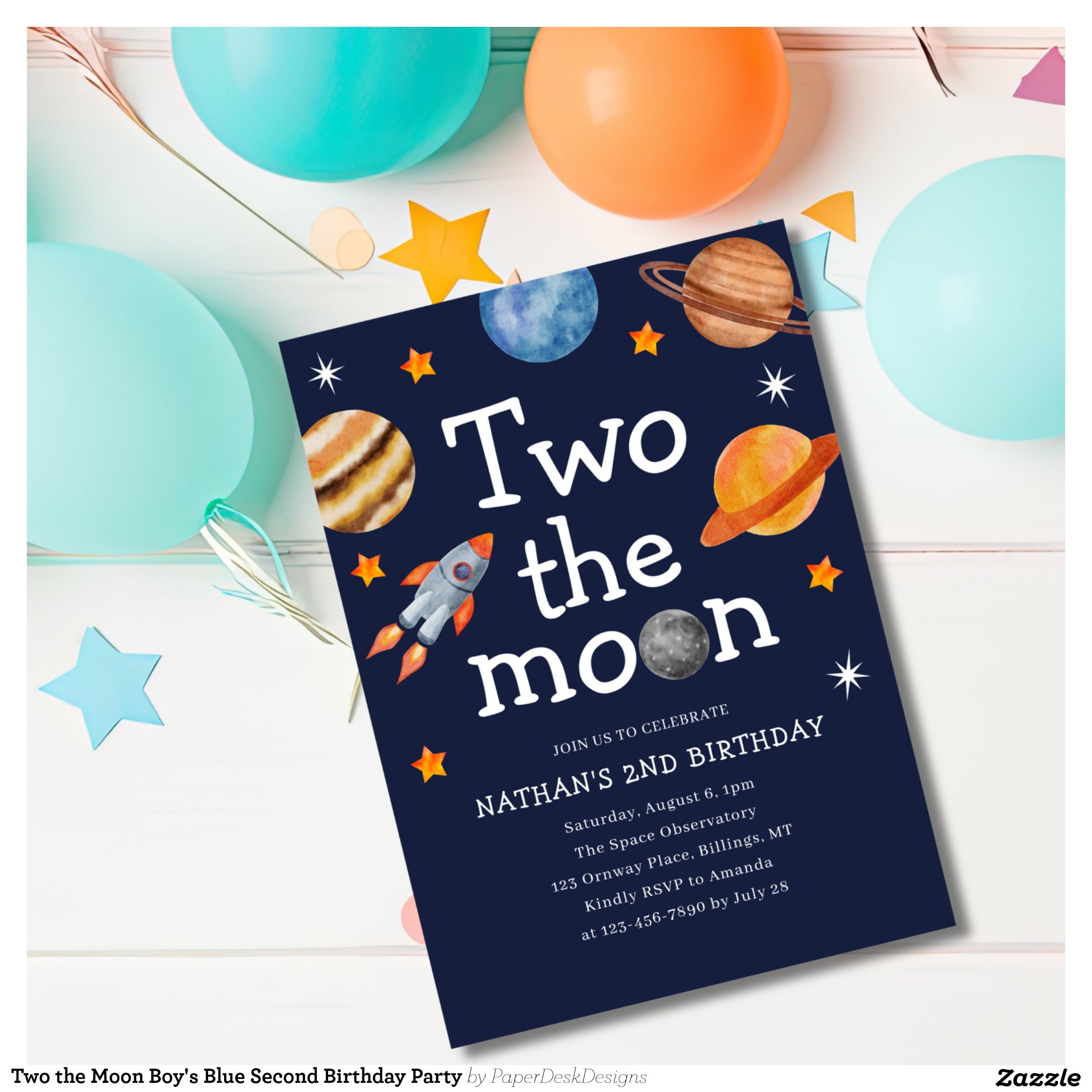Two the Moon Boy's Blue Second Birthday Party Invitation