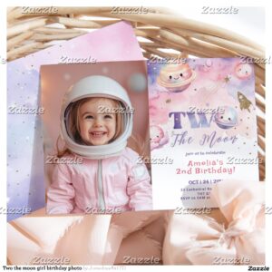 Two the moon girl birthday photo invitation