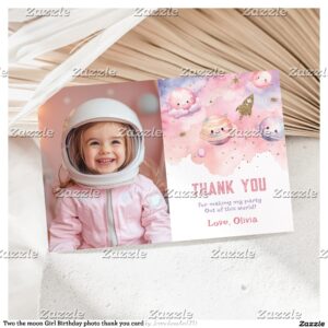 Two the moon Girl Birthday photo thank you card