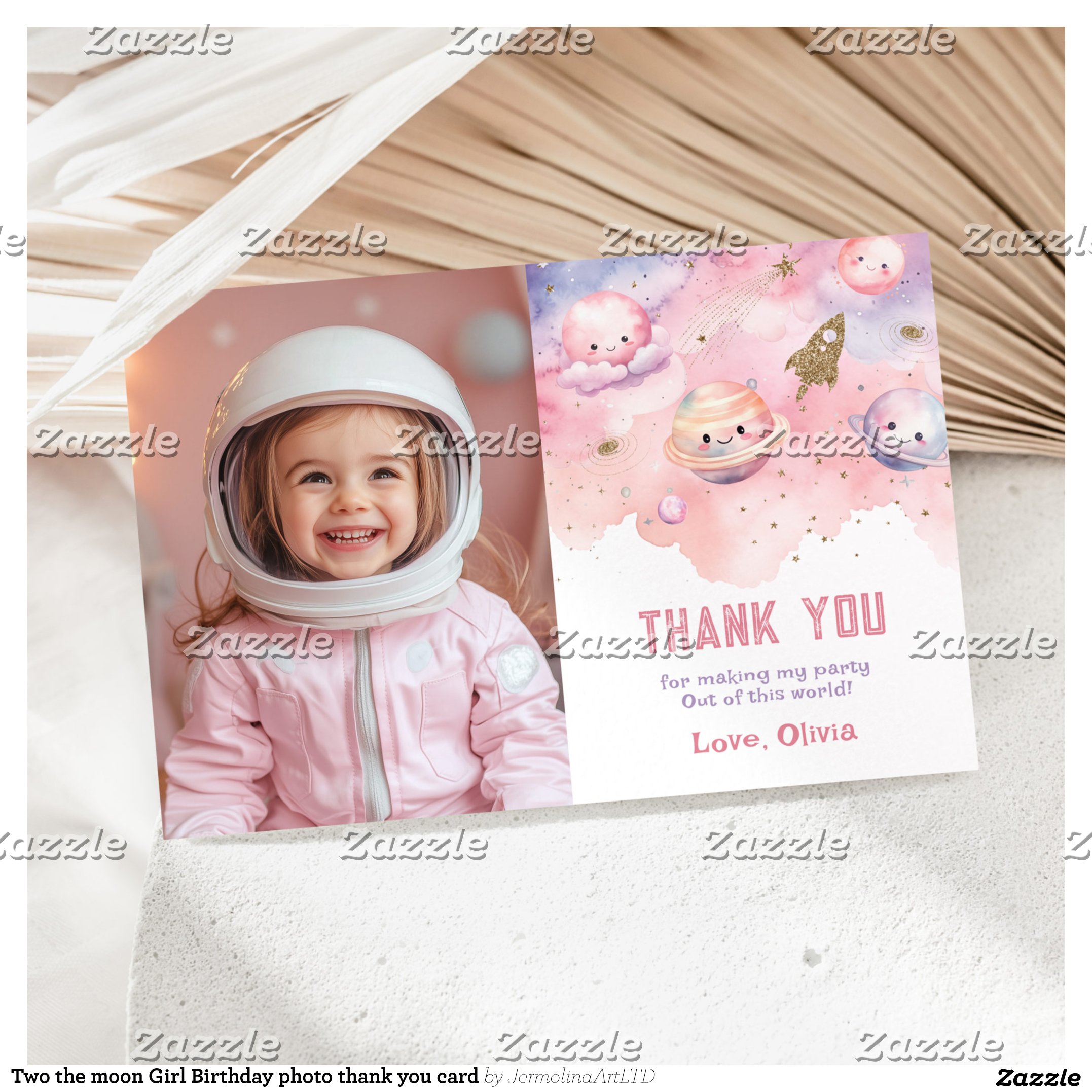 Two the moon Girl Birthday photo thank you card