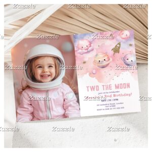 Two the Moon Girl pink Space Birthday photo Invitation