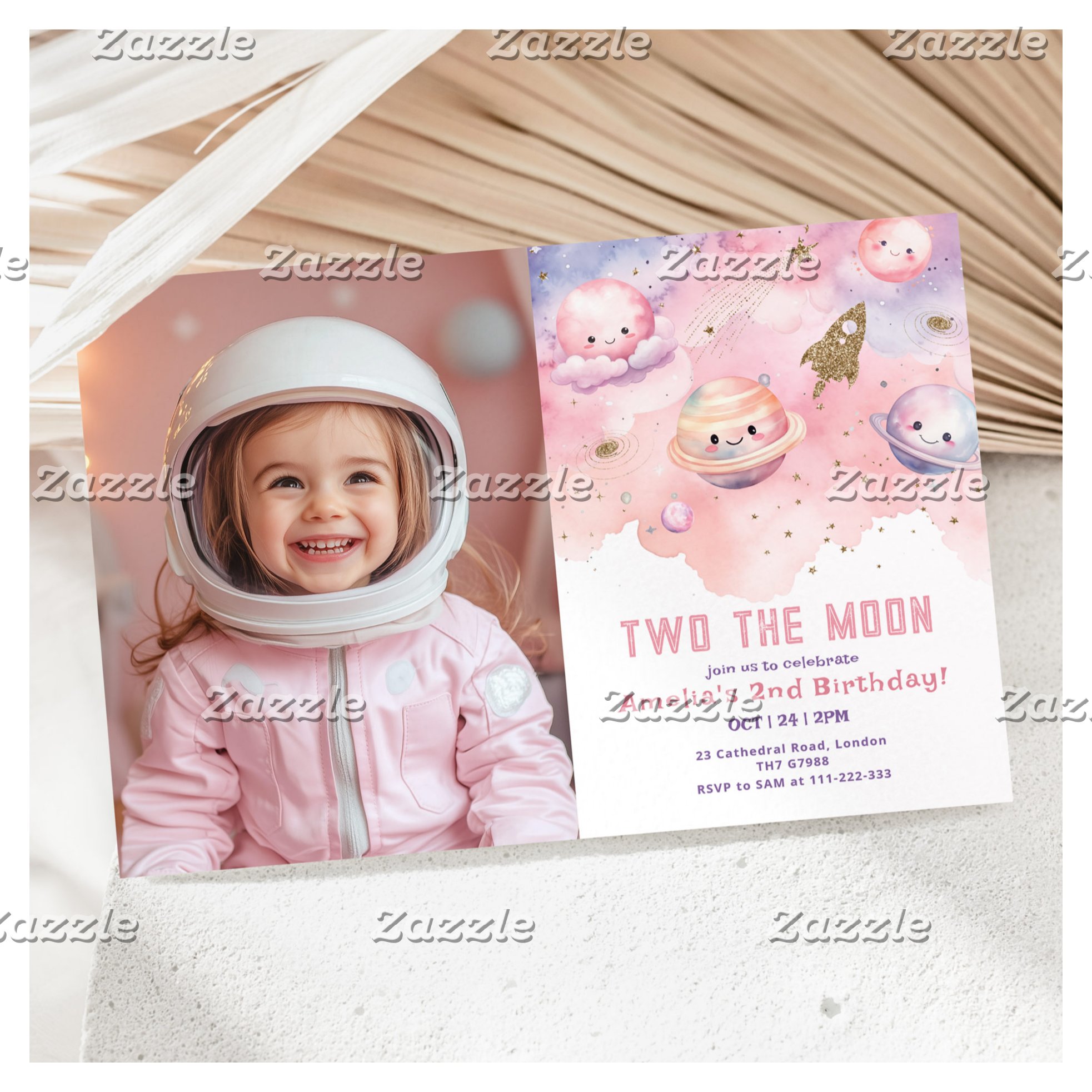 Two the Moon Girl pink Space Birthday photo Invitation
