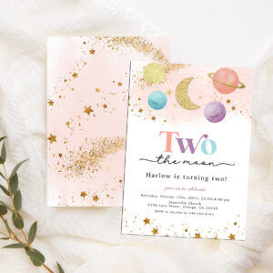 Two the Moon Outer Space 2nd Birthday Invitation