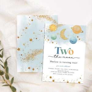 Two the Moon Outer Space 2nd Birthday Invitation