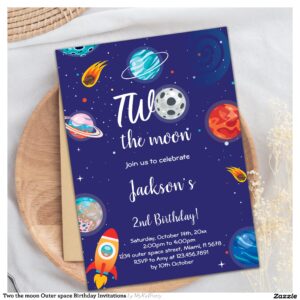 Two the moon Outer space Birthday Invitations