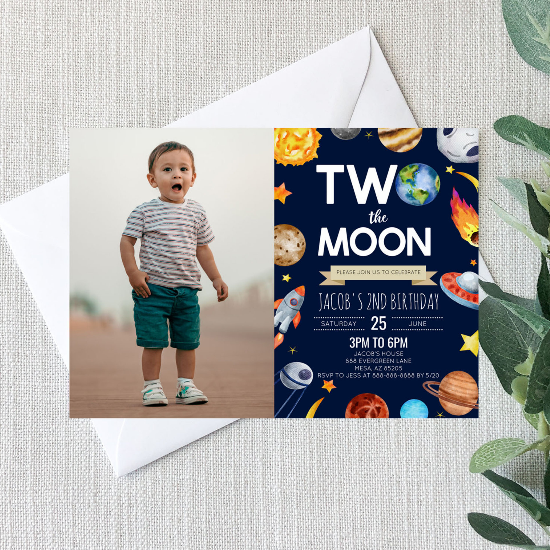 Two The Moon Outer Space Blue 2nd Birthday Party Invitation