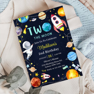Two The Moon Outer Space Blue 2nd Birthday Party Invitation
