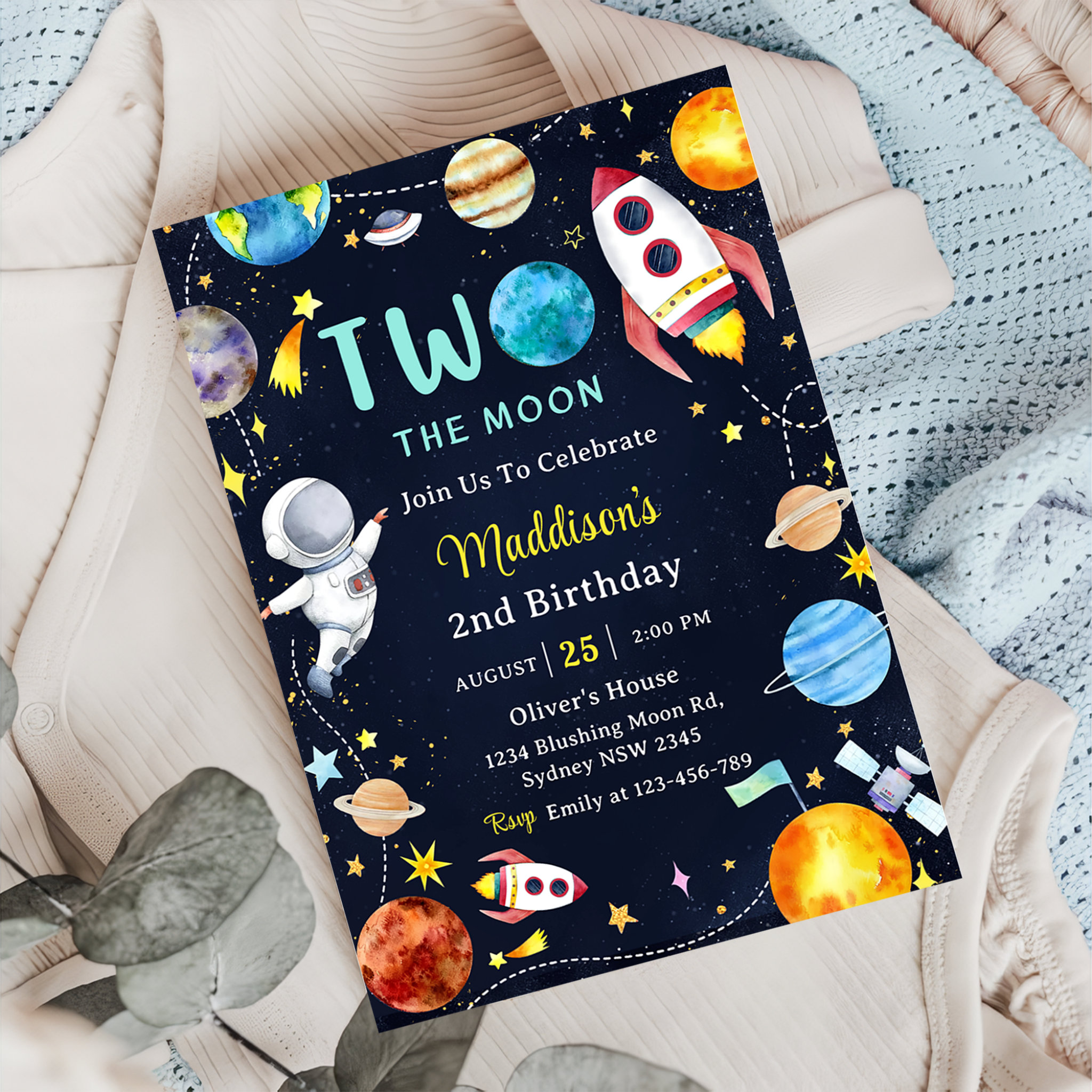 Two The Moon Outer Space Blue 2nd Birthday Party Invitation