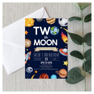Two The Moon Outer Space Blue 2nd Birthday Party Invitation