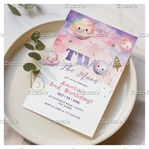 Two the Moon Outer space pink girl 2nd Birthday Invitation