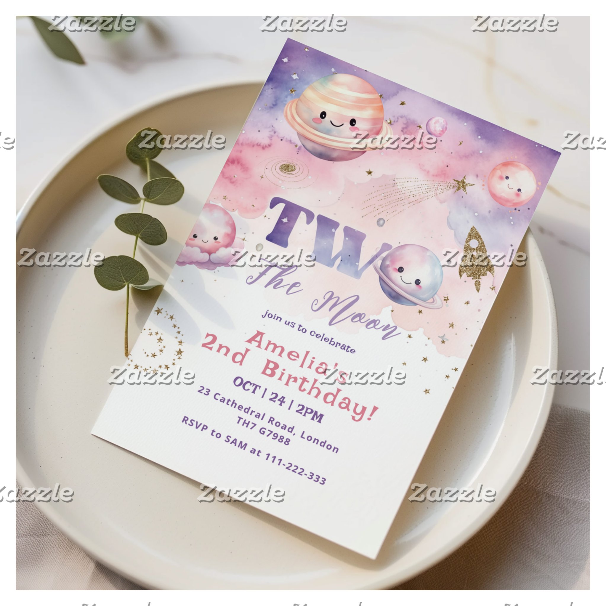 Two the Moon Outer space pink girl 2nd Birthday Invitation