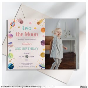 Two the Moon Pastel Outerspace Photo 2nd Birthday Invitation