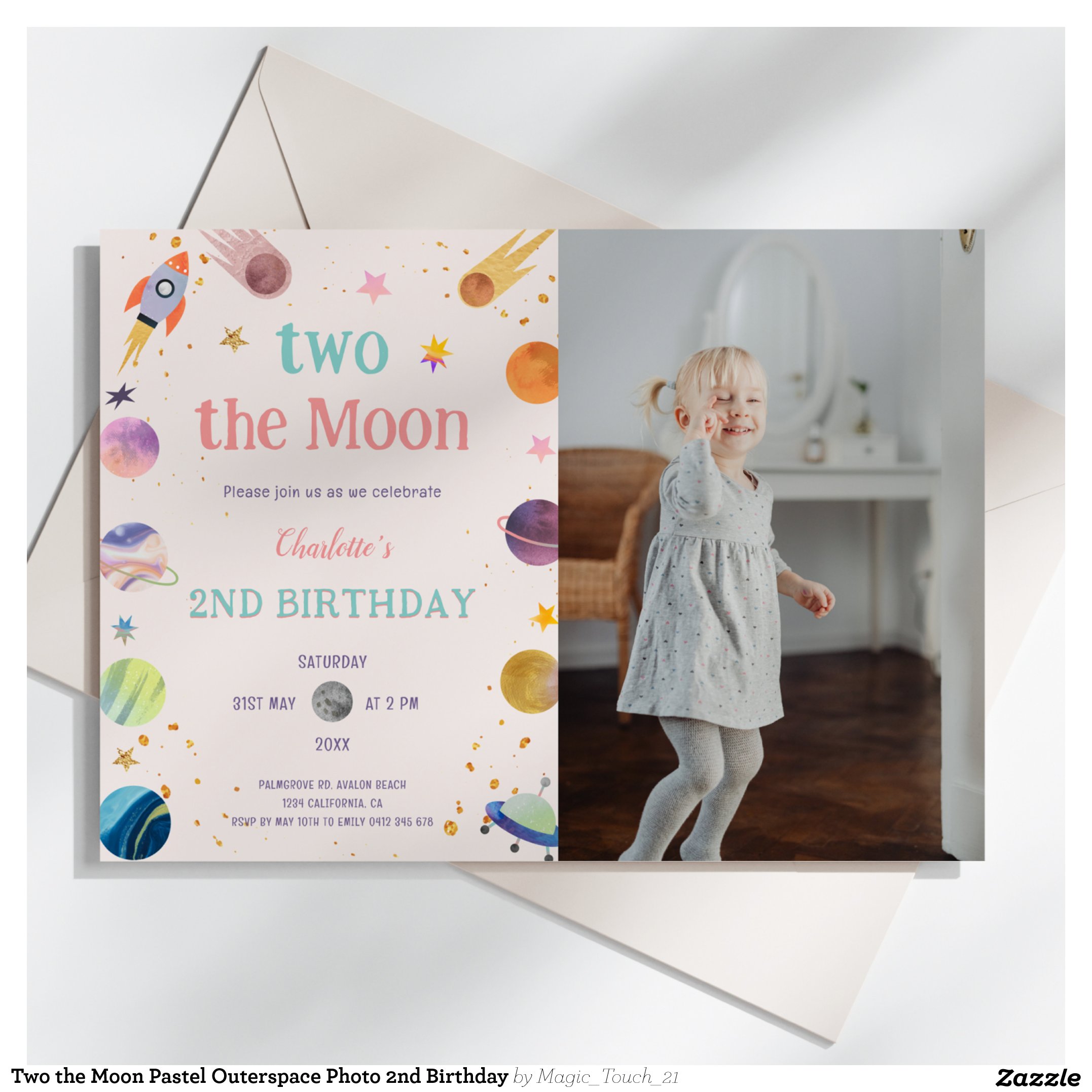 Two the Moon Pastel Outerspace Photo 2nd Birthday Invitation