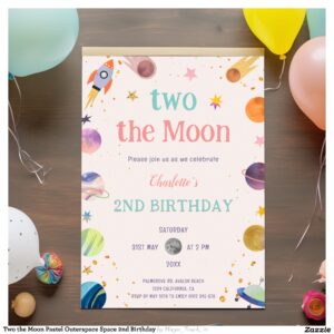 Two the Moon Pastel Outerspace Space 2nd Birthday Invitation