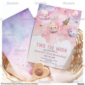Two the Moon Pink girl Planets and stars birthday Invitation