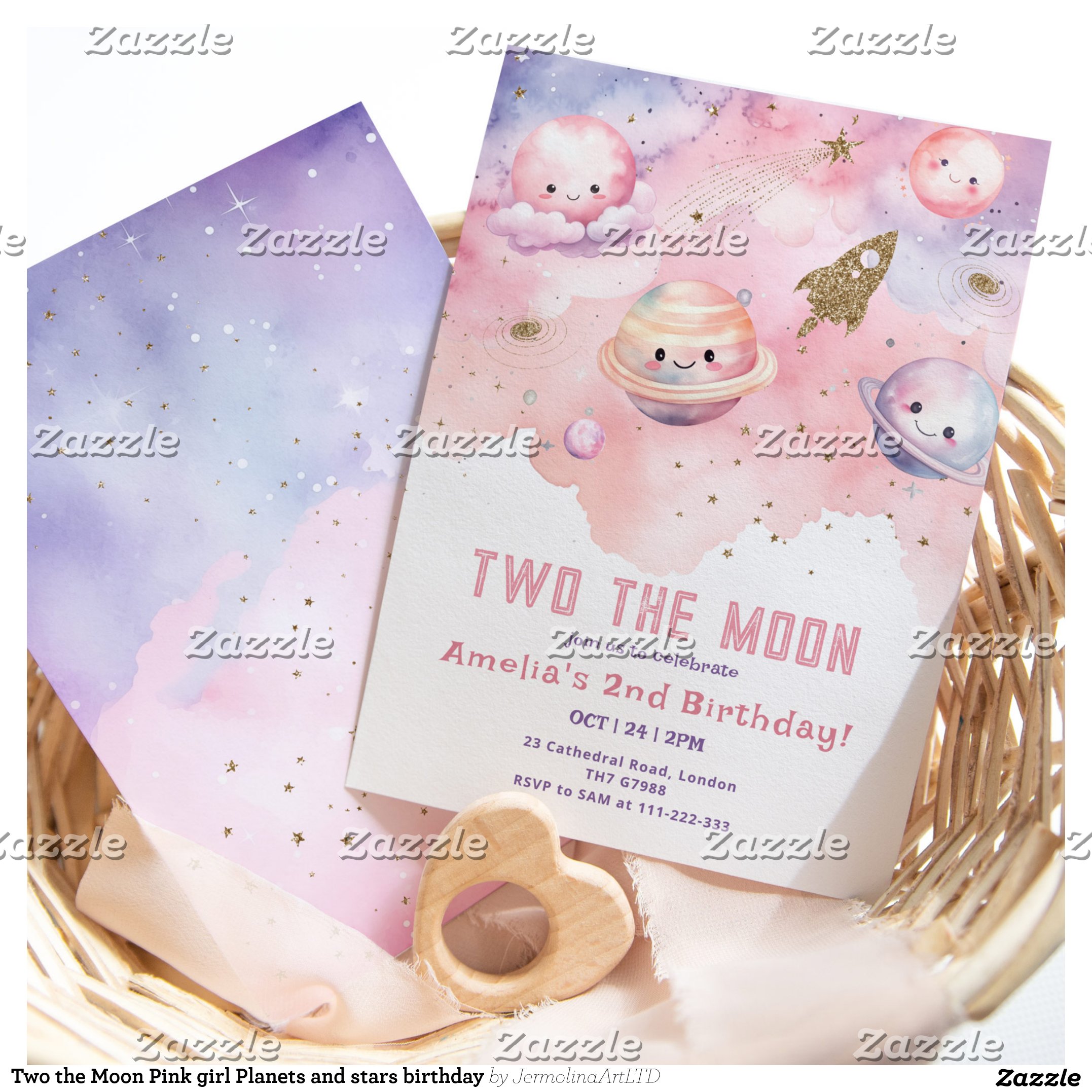 Two the Moon Pink girl Planets and stars birthday Invitation