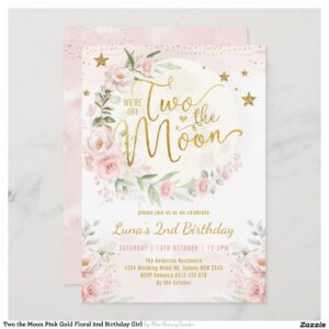 Two the Moon Pink Gold Floral 2nd Birthday Girl Invitation