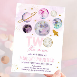Two The Moon Pink Gold Outer Space Birthday Invitation