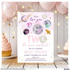 Two The Moon Pink Gold Space Birthday Invitation