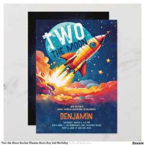Two the Moon Rocket Planets Stars Boy 2nd Birthday Invitation