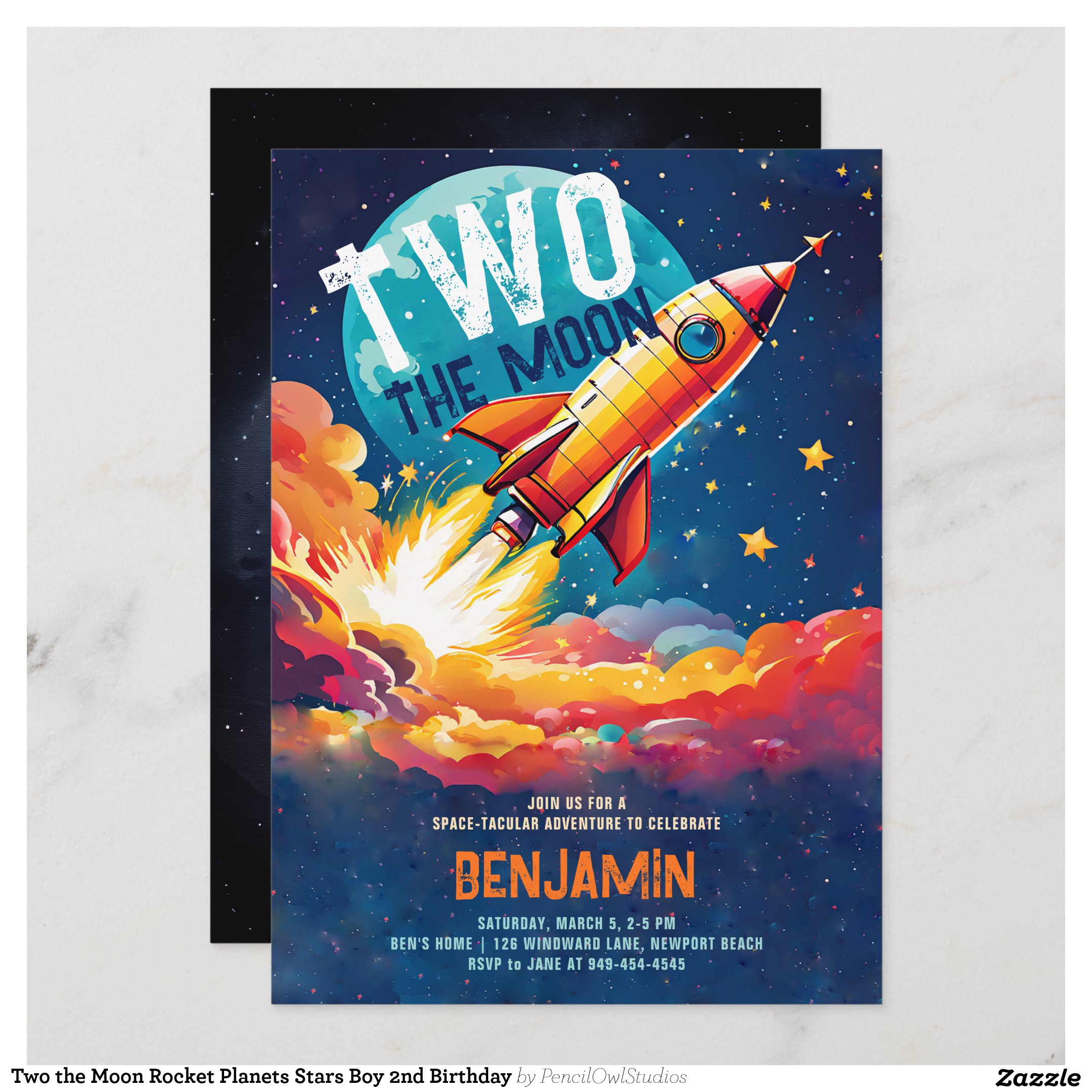 Two the Moon Rocket Planets Stars Boy 2nd Birthday Invitation