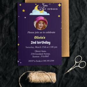 Two the moon secong birthday girl birthday party invitation