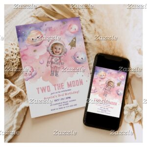 Two the Moon Space girl Astronaut photo birthday Invitation