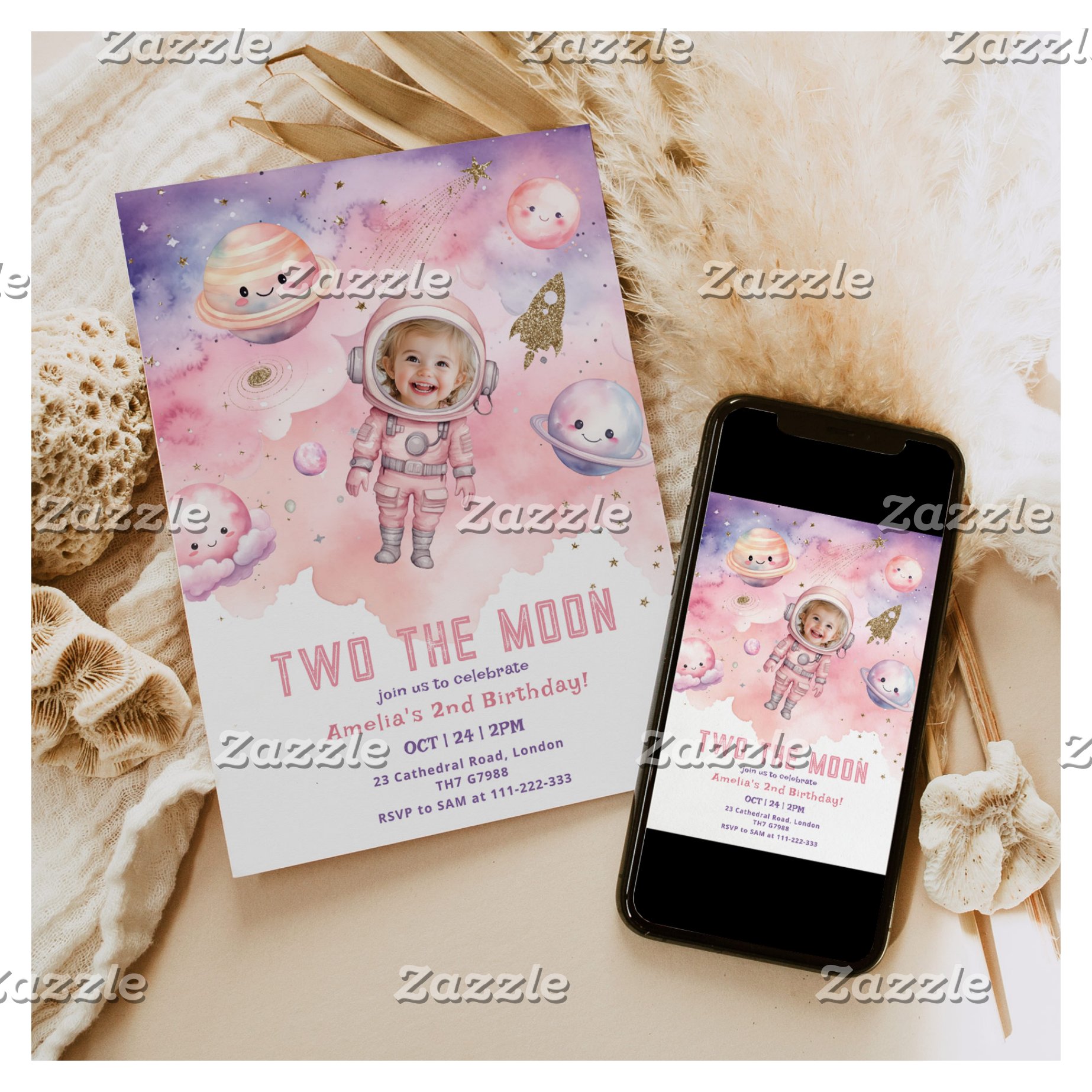 Two the Moon Space girl Astronaut photo birthday Invitation