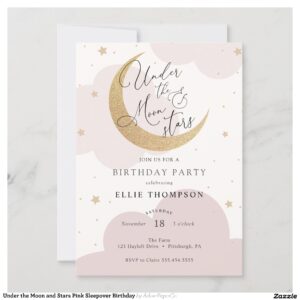 Under the Moon and Stars Pink Sleepover Birthday Invitation