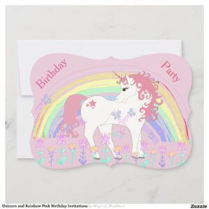 Unicorn and Rainbow Pink Birthday Invitations