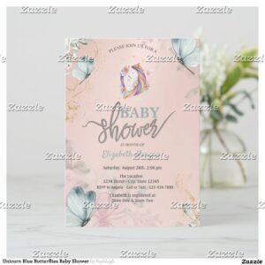 Unicorn Blue Butterflies Baby Shower Invitation