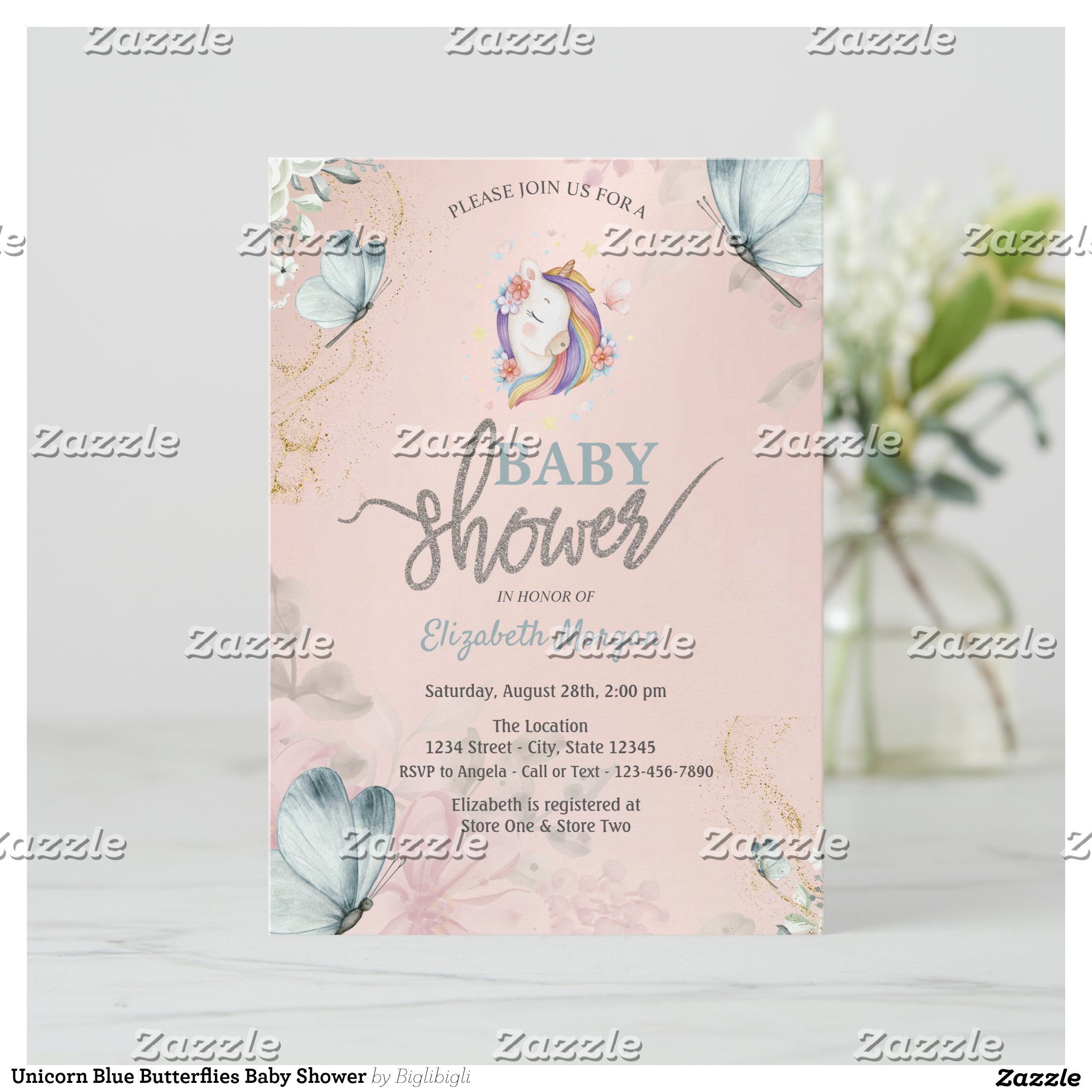 Unicorn Blue Butterflies Baby Shower Invitation