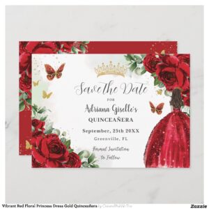 Vibrant Red Floral Princess Dress Gold Quincea?era Save The Date