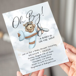 Vintage Airplane Teddy Bear Baby Shower Invitation