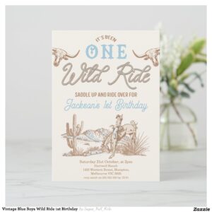 Vintage Blue Boys Wild Ride 1st Birthday Invitation