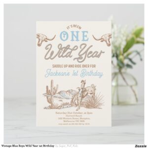 Vintage Blue Boys Wild Year 1st Birthday Invitation