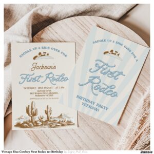 Vintage Blue Cowboy First Rodeo 1st Birthday Invitation