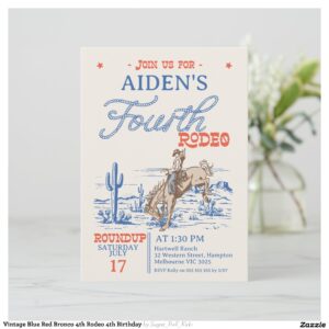 Vintage Blue Red Bronco 4th Rodeo 4th Birthday Invitation