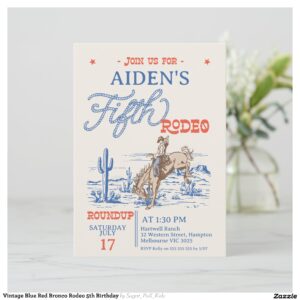 Vintage Blue Red Bronco Rodeo 5th Birthday Invitation