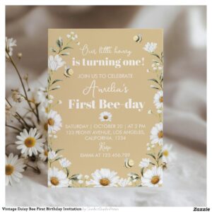 Vintage Daisy Bee First Birthday Invitation