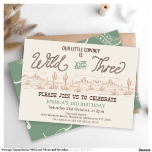 Vintage Green Rodeo Wild and Three 3rd Birthday Invitation