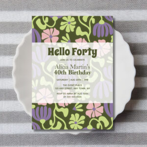 Vintage Groovy Flower Hello Forty 40th Birthday Invitation