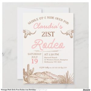 Vintage Pink Girls First Rodeo 21st Birthday Invitation
