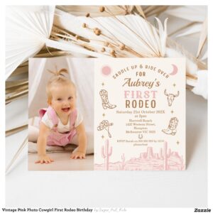 Vintage Pink Photo Cowgirl First Rodeo Birthday Invitation