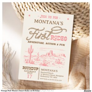 Vintage Pink Western Desert Rodeo 1st Birthday Invitation