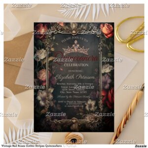 Vintage Red Roses Gothic Stripes Quincea?era Invitation