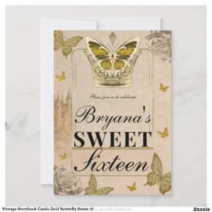 Vintage Storybook Castle Gold Butterfly Sweet 16 Invitation