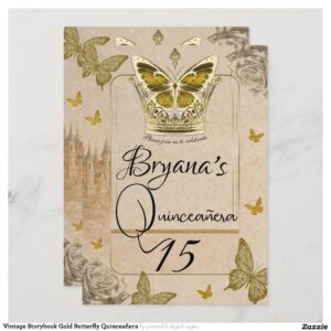Vintage Storybook Gold Butterfly Quincea?era Invitation